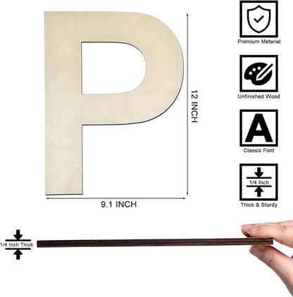 12 Inch Wooden Letter P, 1/4 Inch Thick Large Unfinished Wood Letter for Home Wall Decor, DIY Crafts