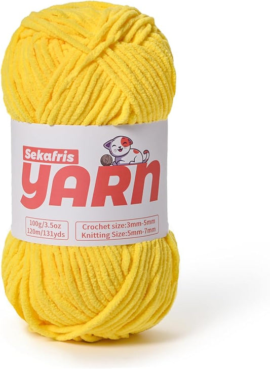 Plush Chunky Chenille Yarn for Crocheting Amigurumi, Soft Fluffy Velvet Yarn for Crocheting, Fuzzy Baby Blanket Knitting 100g/131yds Bulky（Yellow）