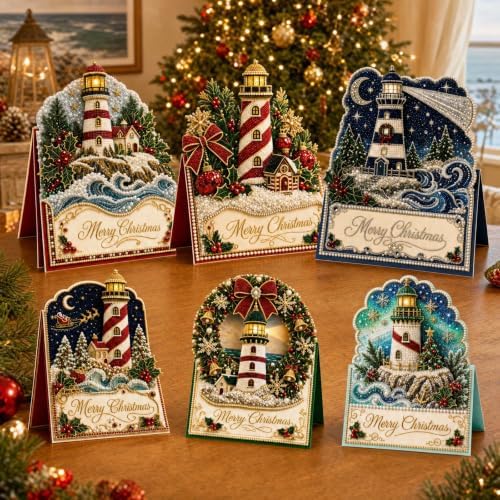 Christmas Diamond Art Greeting Cards Kit for Adults, 6 Pcs DIY Diamond Painting Christmas Cards with Envelopes, 3D Pearl Rhinestone Lighthouse Card Making Craft, Handmade Holiday Gifts - Image 2