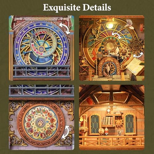 Tonecheer DIY Book Nook Kit for Adults, 3D Wooden Puzzle Bookend Miniature House Kit, Booknook Bookshelf Insert Decor with Dust Cover and LED Lights Gifts (Clock Tower) - Image 6