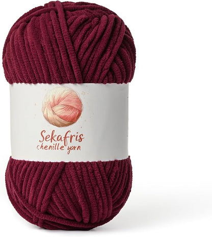 Burgundy Chunky Chenille Yarn for Crocheting, Bulky Velvet Yarns for Crochet, Baby Yarn for Crocheting Soft Blanket, 131yds /3.53 oz Fluffy Amigurumi Crochet Yarn