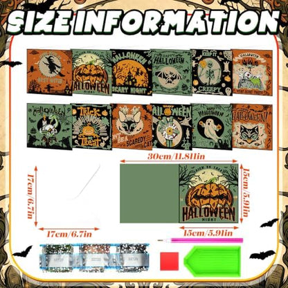 Saillong 12 Pack Halloween Diamond Painting Greeting Card Kits DIY Halloween Diamond Art Cards with Envelopes Green Black Cat Skull 5D Rhinestones Painting Kit for Adults DIY Craft Family Friend Gifts - Image 4