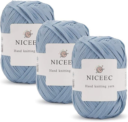 NICEEC 3 Packs Kraft Paper Yarn- Soft Raffia Ribbon Yarn for Crocheting & Knitting, Polyester, DIY Weaving - Total 474yds, 5.3oz - Light Blue