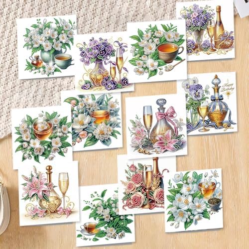 C'eitura 12Pcs Floral Drink Diamond Art Painting Greeting Card Kit with Envelopes, DIY Flower-Themed Beverage Card Making Set for Christmas Birthday Thanksgiving, Creative Handmade Card Craft - Image 4