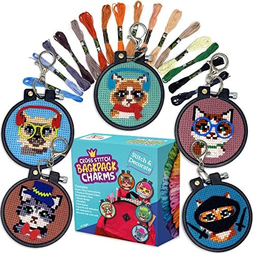 Cats Cross Stitch Kits for Kids - 5 Stamped Beginner Needlepoint Sets by Craftiloo
