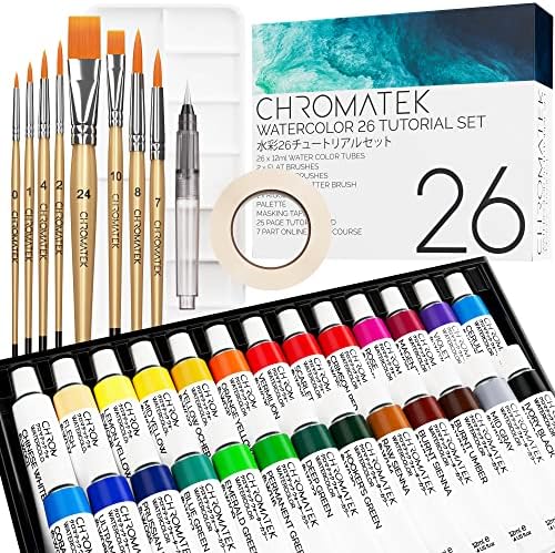 CHROMATEK Watercolor Paint Set - 62 Piece Kit - Video Tutorial Course - For Adults, Beginner & Professional Artists - 26 Tubes (12ml), Sketch Pad, 8 Painting Brushes, Aquapen, Palette, Masking Tape by Chromatek