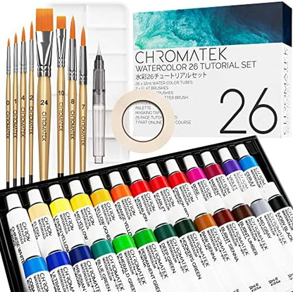 CHROMATEK Watercolor Paint Set - 62 Piece Kit - Video Tutorial Course - For Adults, Beginner & Professional Artists - 26 Tubes (12ml), Sketch Pad, 8 Painting Brushes, Aquapen, Palette, Masking Tape by Chromatek