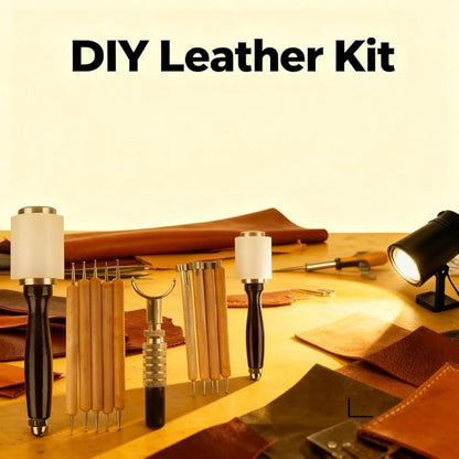 Leather Working Tools Set 28PCS, DIY Leather Craft Stamping and Carving Kit, Wood and Nylon Handle - Complete Leather Crafting Kit, Comfortable Grip, Ideal for Beginners and