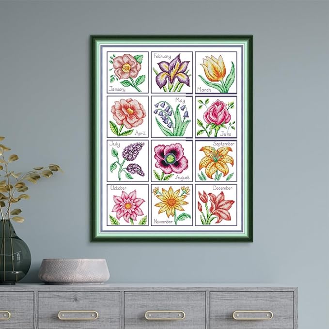 Qeerysew Cross Stitch Kits Stamped Full Range of Embroidery Starter Kits for Beginners DIY- Printed kit Year-Round Flowers(Printed) 14CT17.7x22inches