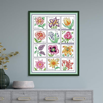 Qeerysew Cross Stitch Kits Stamped Full Range of Embroidery Starter Kits for Beginners DIY- Printed kit Year-Round Flowers(Printed) 14CT17.7x22inches