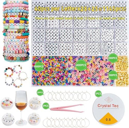 Acrylic Letter Beads Kit for Jewelry Making, 4x7mm Alphabet Beads with Clay Heishi & Seed Beads, Includes Metal Rings for Wine Glass Charms, for Concert Friendship Bracelets (White&Black) - Image 4