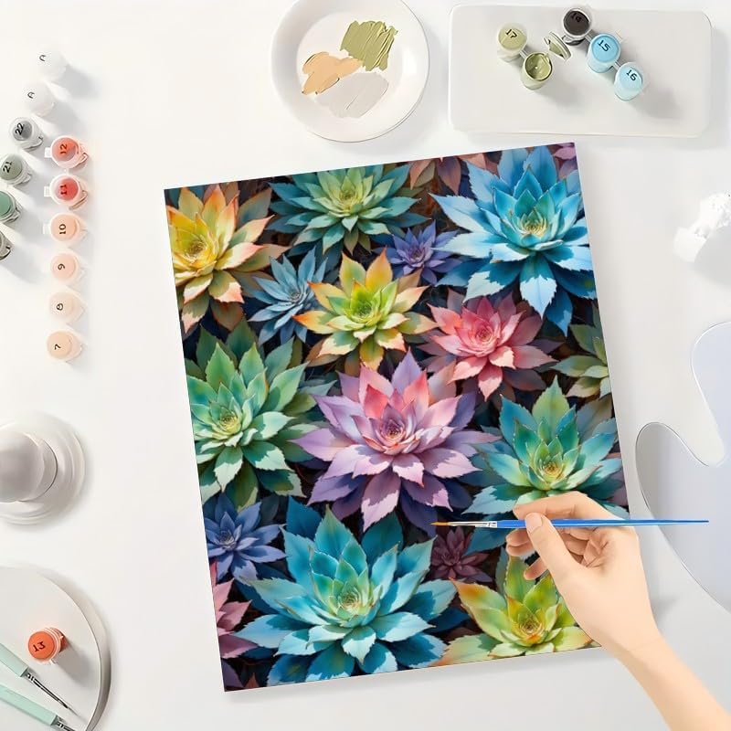 Botanical Paint by Numbers Kit for Adults - DIY Pointy-leaved Rainbow Succulent Pattern Painting on Canvas 16x20 Inches,Acrylic Paint Set,Suitable for Beginners,Art for Home Decoration/Gifts - Image 3