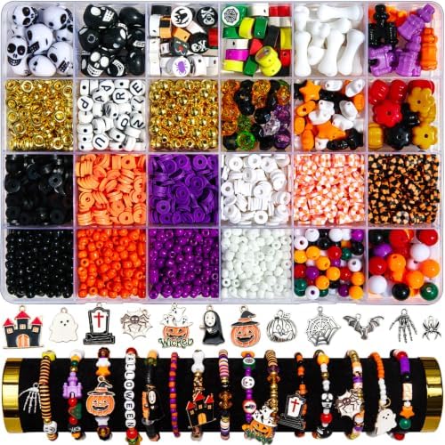 Halloween Beads for Jewelry Making, 2843Pcs Polymer Clay Beads Kit with Pumpkin Skull Ghost Charms, DIY Bracelet Earring Keychain Craft Set for Adults Teens, Spooky Party Favor Gift for Halloween by JHYlilia