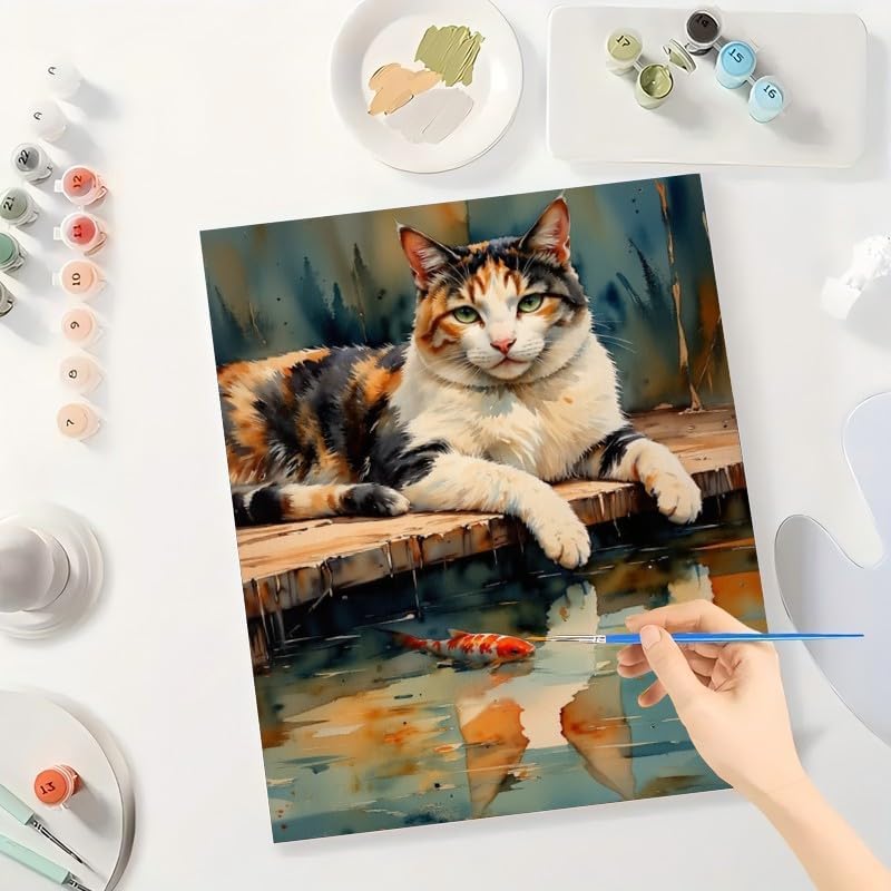 Cute Calico Cat Paint by Numbers Kit for Adults - DIY Relaxed Calico Cat by Water with Koi Fish Painting on Canvas 16x20In, Framed Acrylic Paint Set for Beginners, Art for Home Decoration/Gifts - Image 3