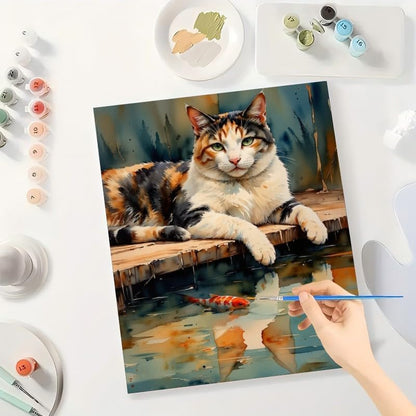 TAOPAOLAB Cute Calico Cat Paint by Numbers Kit for Adults - DIY Relaxed Calico Cat by Water with Koi Fish Painting on Canvas 16x20 Inch, Acrylic Paint Set for Beginners, Art for Home Decoration/Gifts - Image 3