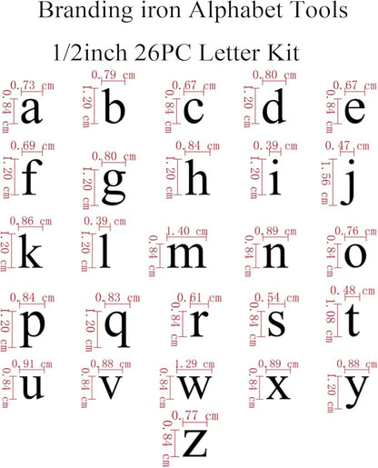 1/2" 26 Pcs Wood Burning Alphabet Letter Kit, Wood Burning Kit with Lowercase Letters Stamps for Woodwoking Leather Crafting, Personalization Tips Set Gift for DIY, Birthday and Christmas