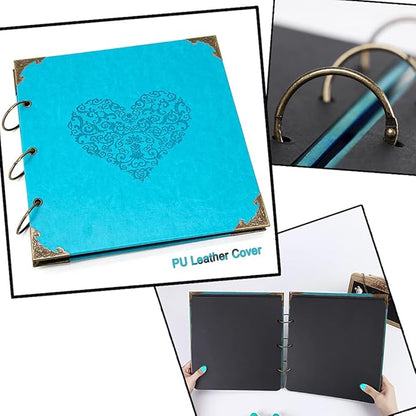 ADVcer Photo Album DIY Scrapbook, 10x10 inch 50 Pages Vintage Leather Cover Three-Ring Binder Picture Booth Albums + 9 Colors 408pcs Self Adhesive Photos Corners for Personalized Memory Keep (Cyan)