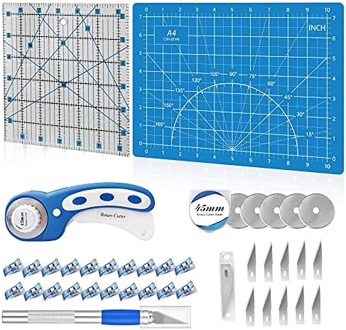 39 Pcs Rotary Cutter Set Blue - Quilting Kit incl. 45mm Fabric Cutter with 5 Extra Blades, A4 Cutting Mat, 2 Craft Knife Set, Quilting Ruler and Sewing Clips, Ideal for Crafting, Sewing, Patchworking by HeadleyTools