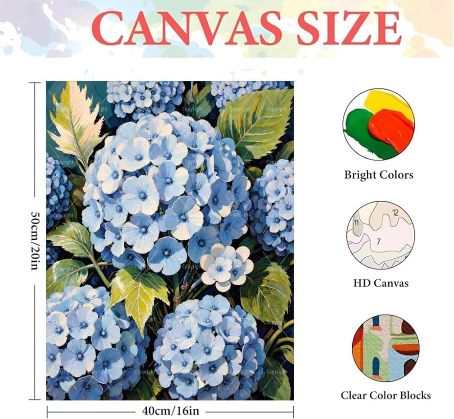 Floral Paint By Numbers Kit For Adults - Diy Blue Hydrangea Flowers Painting On Canvas 16X20 Inches, Acrylic Paint Set, Suitable For Beginners, Wall Decor Art For Home Decoration Or Gifts, Unframed - Image 2