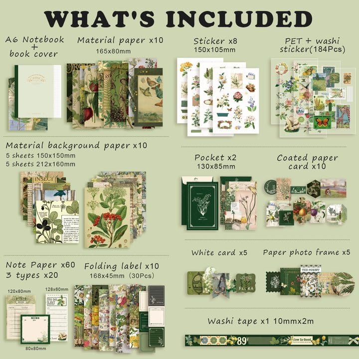 Draupnir Scrapbooking Supplies Kit,Vintage Botanical Aesthetic Scrapbook Kit for Junk Journal, Stationery,Bullet A6 Grid Notebook DIY Scrapbook Birthday Craft Gift for Teen Girl Kid Women - Image 2