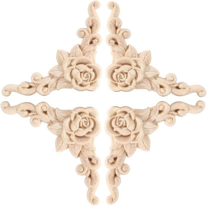 4PCS Corner Wooden Carving Decal Unpainted Wood Appliques Onlays DIY Wood Carved Furniture Appliques Onlays for Wall Bed Door Wardrobe Cabinet Furniture Decoration(09,12x12cm/4.72x4.72inch)