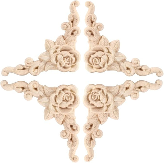 4PCS Corner Wooden Carving Decal Unpainted Wood Appliques Onlays DIY Wood Carved Furniture Appliques Onlays for Wall Bed Door Wardrobe Cabinet Furniture Decoration(09,12x12cm/4.72x4.72inch)