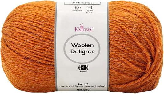Woolen Delights Soft Wool Yarn for Crocheting, 3-Pack (522Yds / 300G), Free Patterns - #4 Medium Aran/Heavy Worsted Weight Wool Yarn for Knitting - Pumpkin Orange