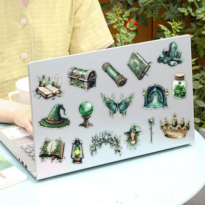 50PCS Forest Witch Stickers – Green Gothic Aesthetic Transparent Scrapbooking Stickers, Witchy Clear Decals for Journaling, Spell Books, Resin Crafts Projects, Tumbler, Laptop
