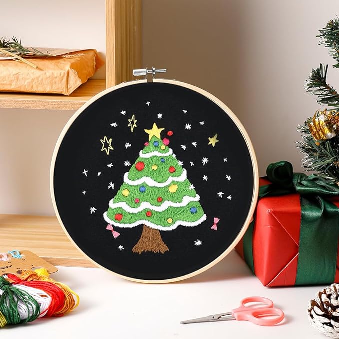 Christmas Embroidery Kits: 1 Pack Cross Stitch Kit for Beginners Adults, DIY Ornaments Craft Kit with All Tools & Instructions, Stamped Hand Embroidery Starter Kit for Holiday Crafts & Xmas Home Decor