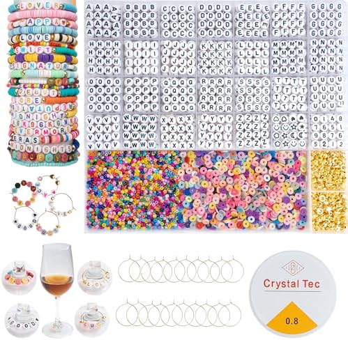 Acrylic Letter Beads Kit for Jewelry Making, 4x7mm Alphabet Beads with Clay Heishi & Seed Beads, Includes Metal Rings for Wine Glass Charms, for Concert Friendship Bracelets (White&Black) - Image 6