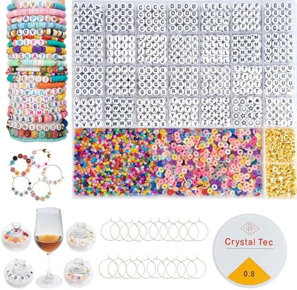 Acrylic Letter Beads Kit for Jewelry Making, 4x7mm Alphabet Beads with Clay Heishi & Seed Beads, Includes Metal Rings for Wine Glass Charms, for Concert Friendship Bracelets (White&Black) - Image 6