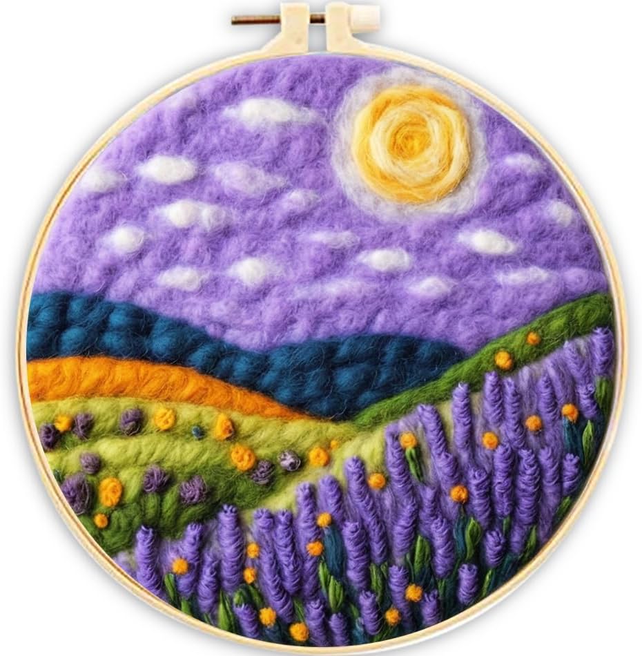 YEESAM ART Needle Felting Picture Kits Lavender Countryside for Beginners Adults, DIY Wool Felt Painting Starter Kit with Frame and Tools for Home Decor by YEESAM+ART