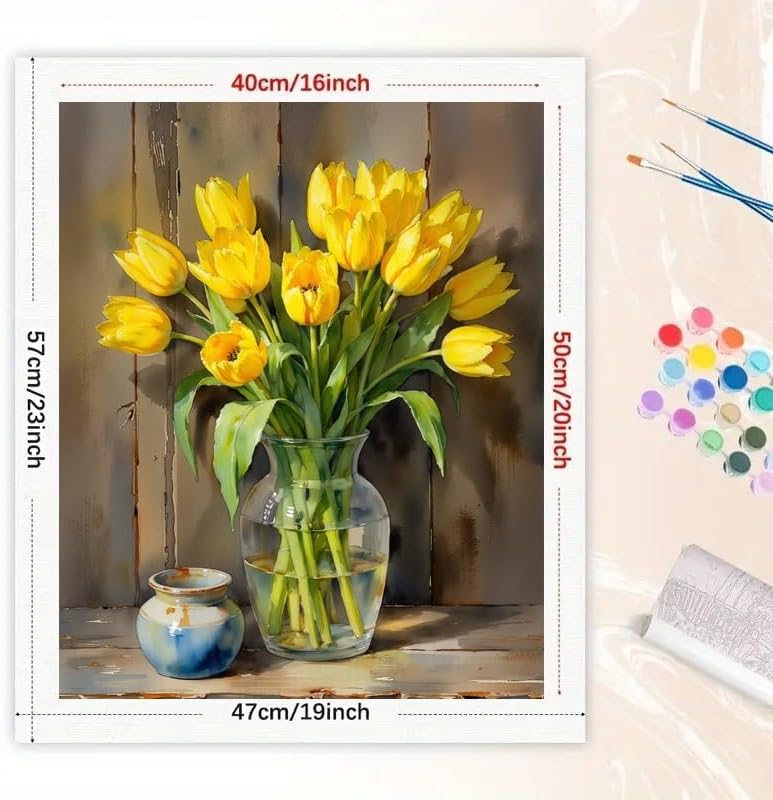 TAOPAOLAB Floral Still Life Paint by Numbers Kit for Adults - DIY Yellow Tulips in Glass Vase Painting on Canvas 16x20In, Acrylic Paint Set, Suitable for Beginners, Art for Home Decoration or Gifts - Image 2