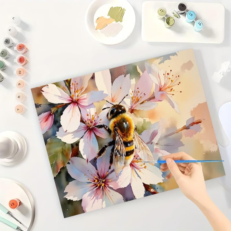 Floral Art Paint by Numbers Kit for Adults - DIY Bee on Cherry Blossoms Painting on Canvas 16x20 Inches, Acrylic Paint Set, Suitable for Beginners, Art for Home Decoration or Gifts - Image 3