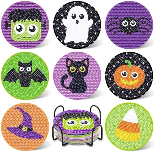 UPINS 8Pcs Halloween Diamond Art Painting Coasters Kits with Holder by UPINS