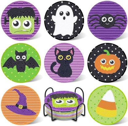 UPINS 8Pcs Halloween Diamond Art Painting Coasters Kits with Holder by UPINS