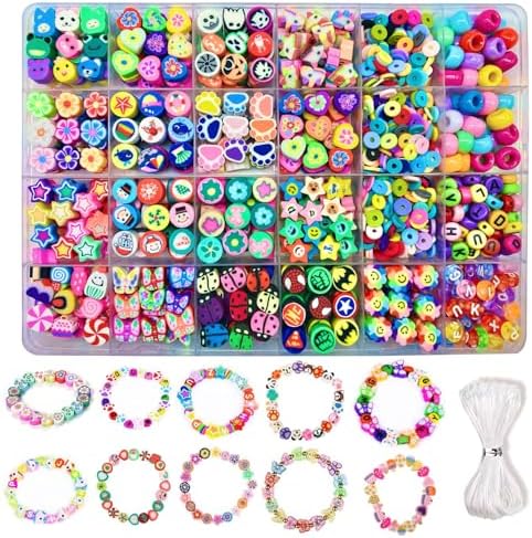 Bracelet Making kit, 1000pcs Polymer Clay Beads Bracelet Making kit, 24 Styles Fruit, Flower, Cake, Butterfly, Necklace, Earrings, DIY Bracelet Making kit Accessories for Women by HHOOMY