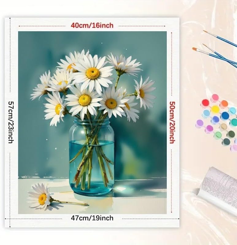 Daisy Bouquet Paint by Numbers Kit for Adults - DIY White Daisies in Glass Jar Painting on Canvas 16x20 Inches, Acrylic Paint Set, Suitable for Beginners, Floral Art for Home Decoration or Gifts - Image 2