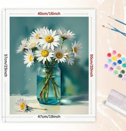 Daisy Bouquet Paint by Numbers Kit for Adults - DIY White Daisies in Glass Jar Painting on Canvas 16x20 Inches, Acrylic Paint Set, Suitable for Beginners, Floral Art for Home Decoration or Gifts - Image 2