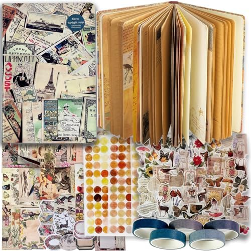 SaFeHoM 212 Pcs DIY Vintage Journal Set for Women Gifts Scrapbook Diary Supplies including Aesthetic Journals, Scrapbook Paper, Washi Stickers, Tape, Dot Stickers by SaFeHoM