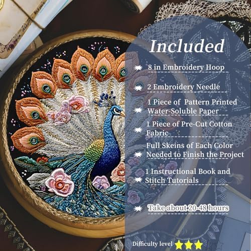 FONNUY Peacock Floral Embroidery Kit, Cross Stitch Kits, Handmade Crafts with Printed Patterns for Beginner Adults, Easy to Follow Color Thread Needlework, 8'' Hoop (Jewel-Toned Feathers) - Image 2