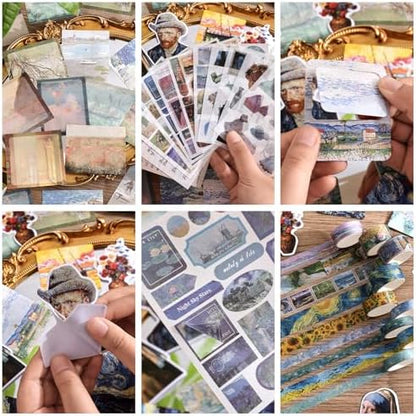 Scrapbooking Supplies Kit, Monet Van Gogh Oil Painting Theme Scrapbook Kit for Bullet Junk Journal, 12 Rolls Washi Tape, Stickers Papers for DIY Journaling Supplies, Craft Gift for Women Teenage - Image 4