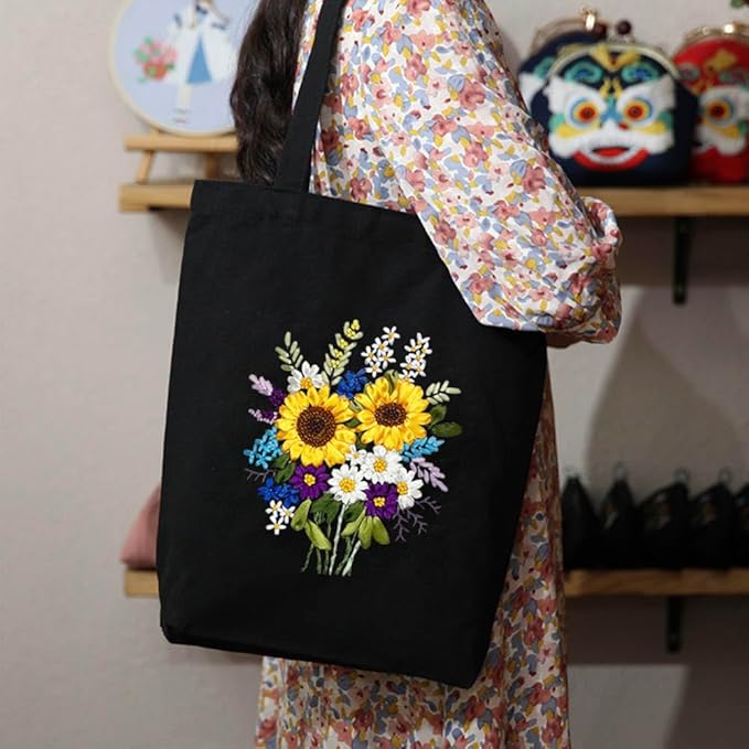 KABAKE Canvas Tote Bag Embroidery Silk Ribbon Kit for Beginners, Arts and DIY Crafts Starter Kit, Includes Stamped Bag, Threads, Tools (Black with Sunflower)