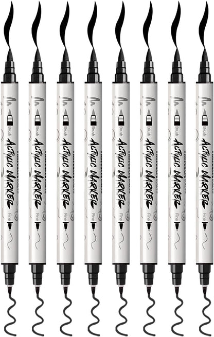 TRANSON 8 Pack Black Brush and Fine Dual-tip Acrylic Paint Marker for DIY Glass Canvas Wood Leather Ceramic Rock Painting
