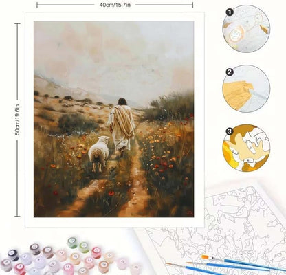 GEMOUJ Paint by Numbers Kit for Adults Beginners,Jesus and Lamb Walking on the Path Cans Paint by Number Kits for Adults,Unframed Painting Art Crafts,Home Wall Decor 16X20 Inch - Image 6