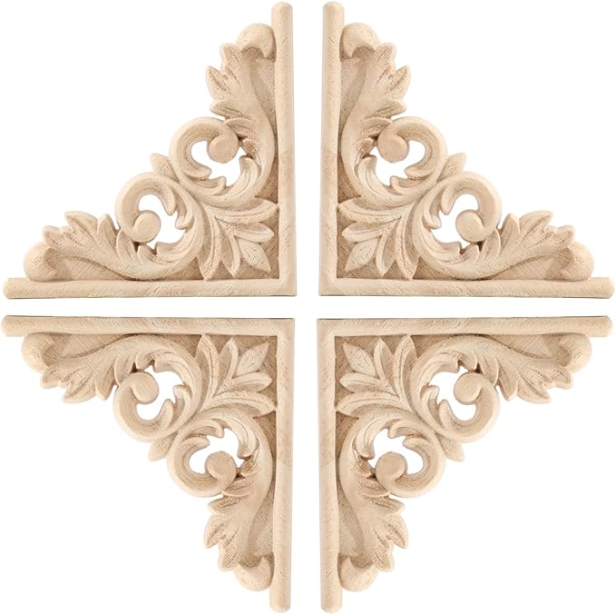 4PCS Corner Wooden Carving Decal Unpainted Wood Appliques Onlays DIY Wood Carved Furniture Appliques Onlays for Wall Bed Door Wardrobe Cabinet Furniture Decoration(03,15x15cm/5.91x5.91inch)