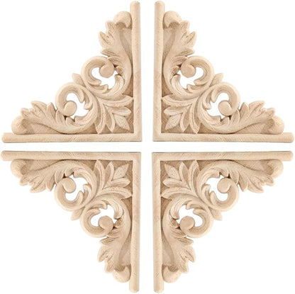 4PCS Corner Wooden Carving Decal Unpainted Wood Appliques Onlays DIY Wood Carved Furniture Appliques Onlays for Wall Bed Door Wardrobe Cabinet Furniture Decoration(03,10x10cm/3.94x3.94inch)