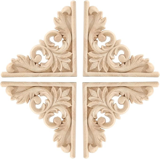 4PCS Corner Wooden Carving Decal Unpainted Wood Appliques Onlays DIY Wood Carved Furniture Appliques Onlays for Wall Bed Door Wardrobe Cabinet Furniture Decoration(03,10x10cm/3.94x3.94inch)