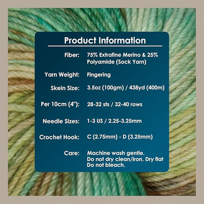 KnitPro Symfonie Hand Dyed Yarn | Extra Fine Merino Wool & Polyamide Blend for Knitting & Crocheting, Fingering Weight, Oeko-TEX Certified 400m, 100g Skein | Terra Variegated Lagoon Dream