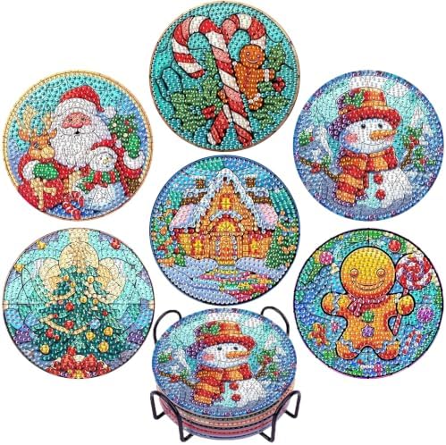 EWJRNSF 6 PCS 5D Diamond Painting Coasters Kits with Holder, Small Diamond Art Kits for Adults Beginners Diamond Dots Arts and Crafts Gems Supplies Item Christmas Style by EWJRNSFDiamondPainting